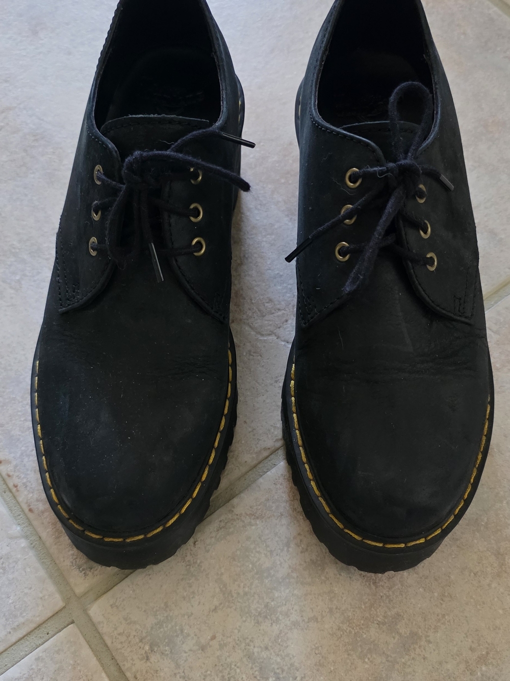 Dr. Martens Black Lace-Up Flats with Yellow Stitching